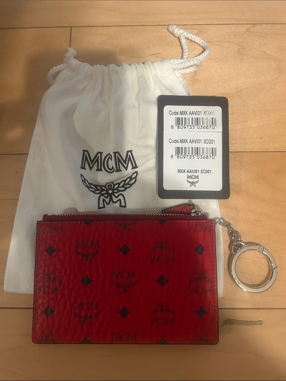 MCM Red Logo Zip Card Case with Silver Keyring